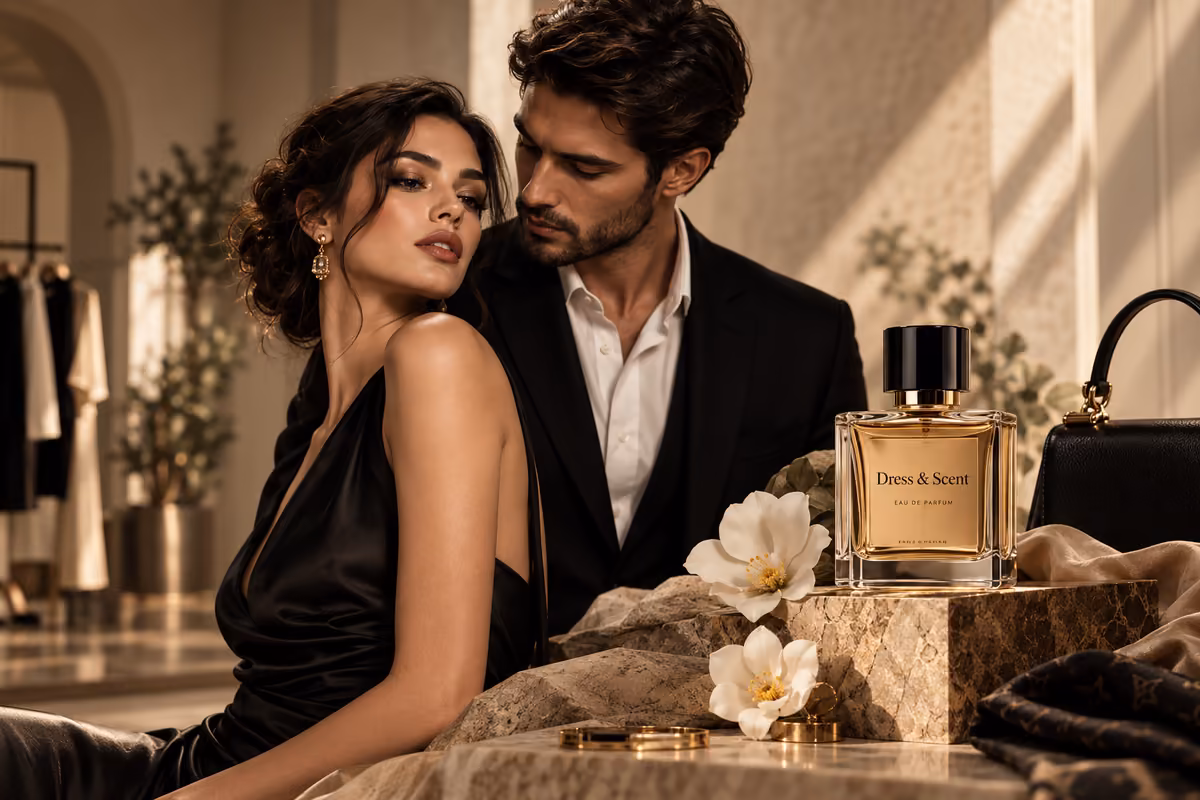Inside the Dress & Scent boutique, warm golden light across the rails